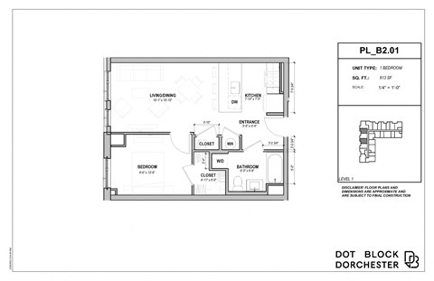 Floor plan for 1 bed, 1 bath, 613 sqft
